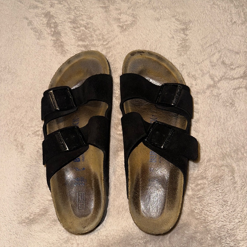 Birkenstock Arizona suede black two strap sandal size 5.5 W or 36 euro